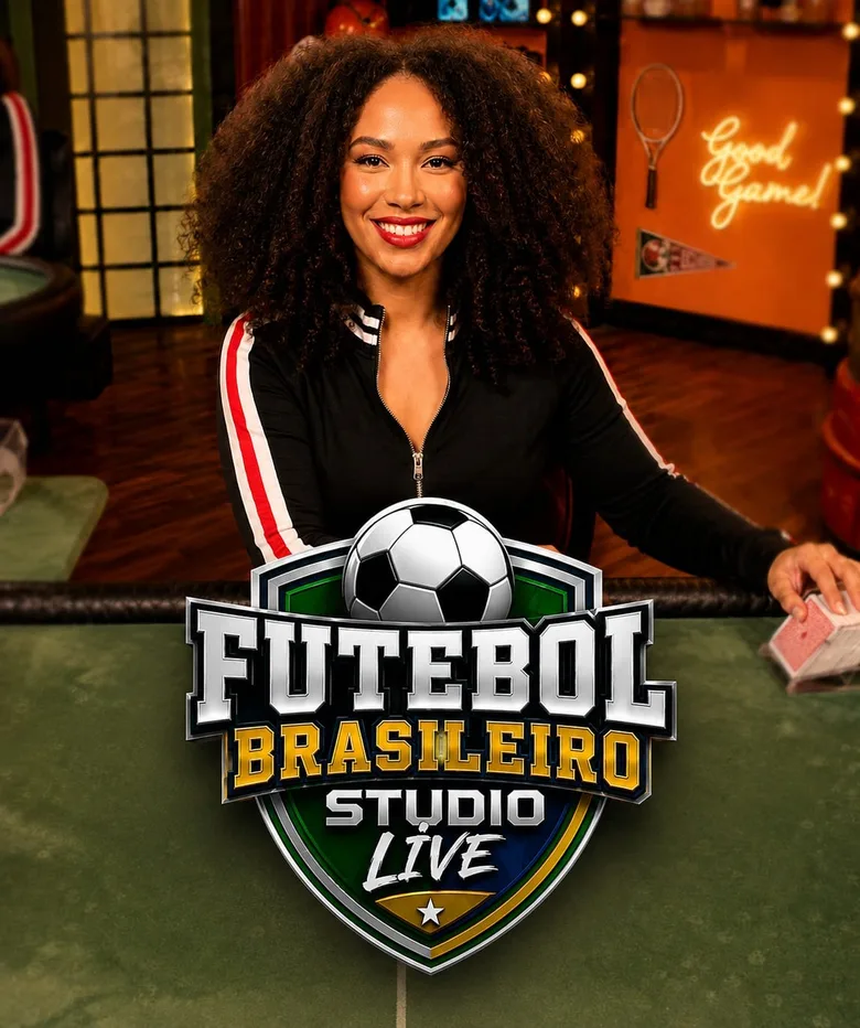 Miniatura do Futebol Brasileiro Studio Live publicada pela plataforma: apresentadora no estúdio e o brasão do jogo com uma bola de futebol no centro.