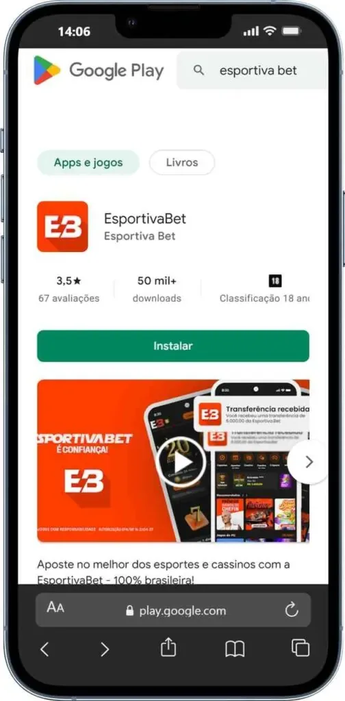 Ficha do aplicativo na loja do Google, com nota, número de downloads e botão de instalar.