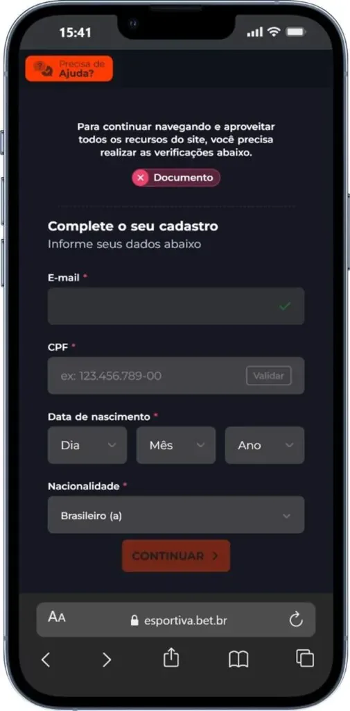 Formulário de cadastro aberto no celular, com os campos de dados pessoais ainda vazios — é até aqui que a observação de fora consegue chegar.